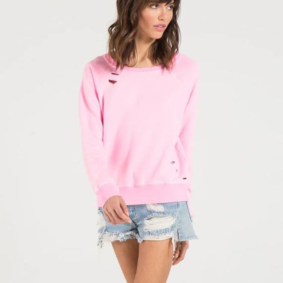 N:Philanthropy Belize Neon Pink Distressed Crewneck Pullover Sweatshirt Small - Picture 1 of 7